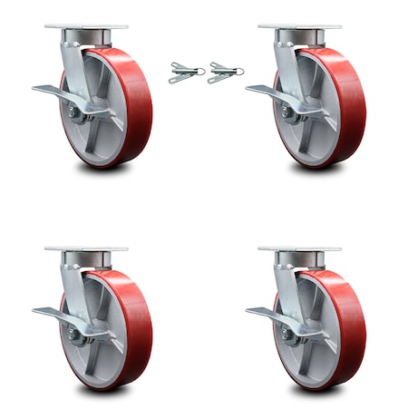 Service Caster 8 Inch Kingpinless Red Poly on Steel Wheel Caster Brakes 2 Swivel Locks, 4PK SCC-KP30S820-PUR-RS-SLB-BSL-2-SLB-2